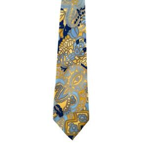 Vintage LANVIN Silk Tie 70s EUC Yellow Gold Blue France Abstract Floral Paisley